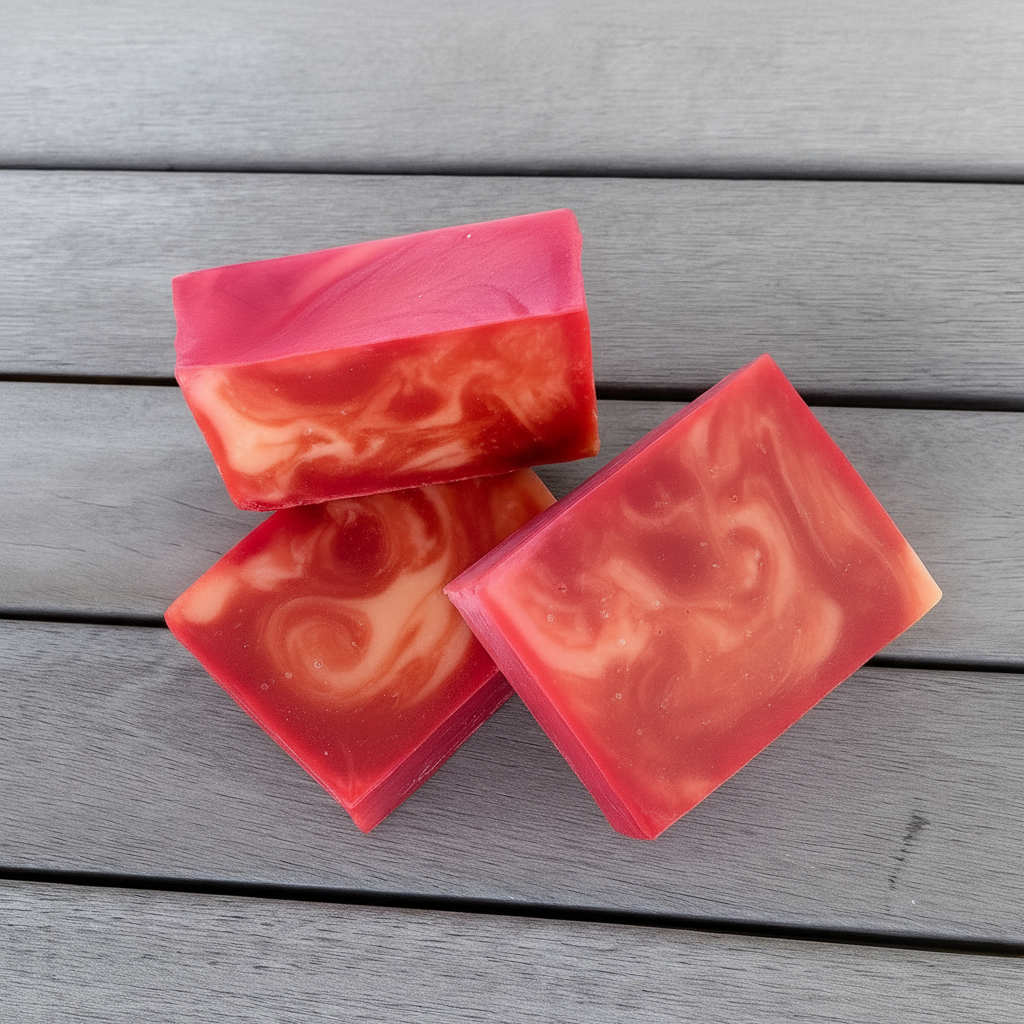 Three red and  swirled soap bars on a gray wooden surface